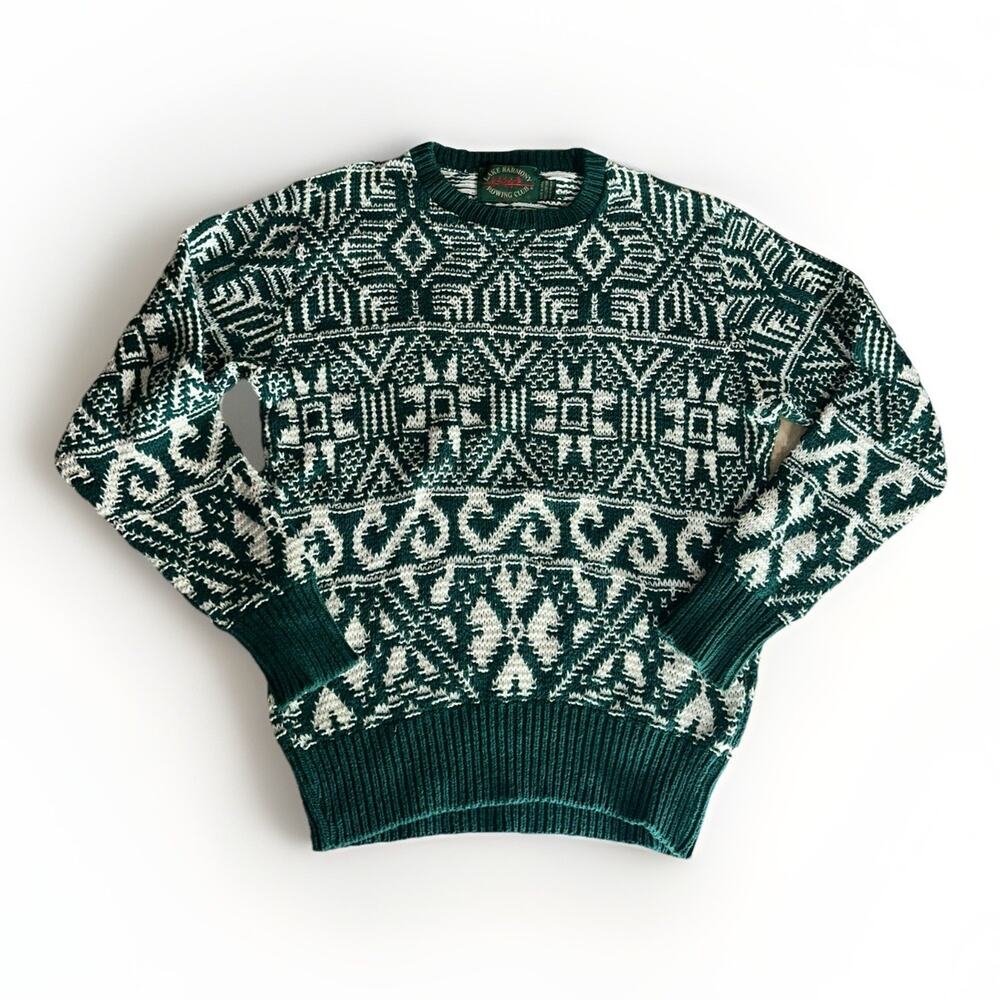 Vintage Lake Harmony Rowing Club Knit Sweater Green White Geometric USA Small